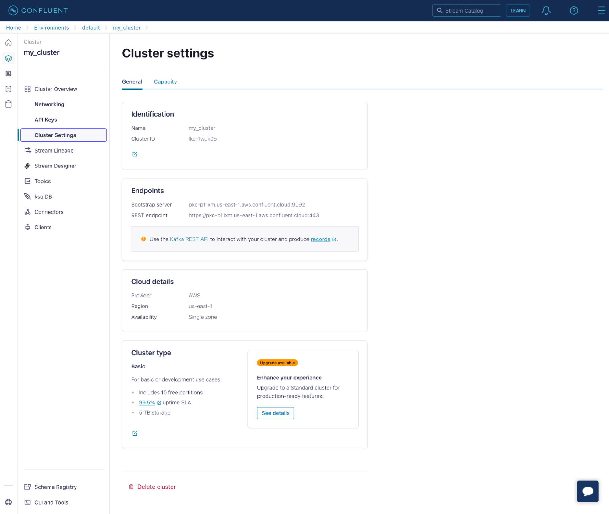 Confluent Cloud cluster settings page