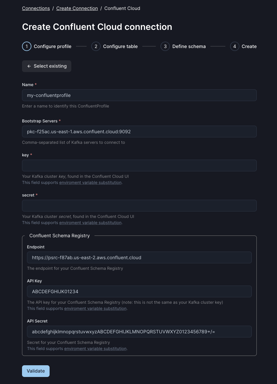 The Create Connection screen in Arroyo