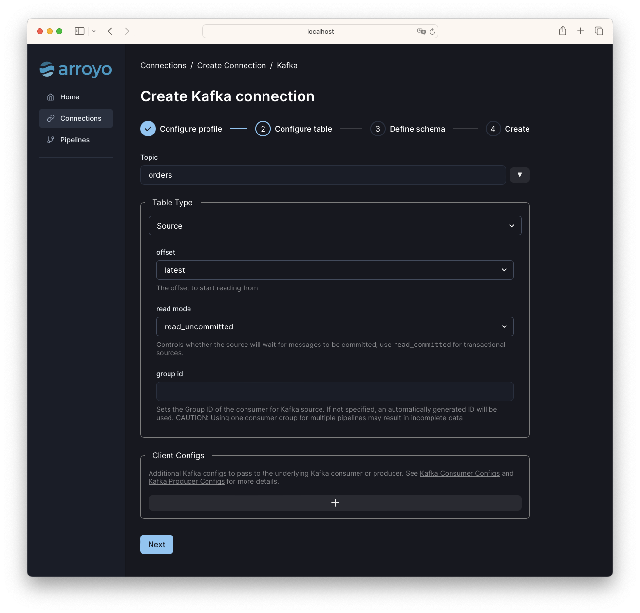 Configuring the Kafka source