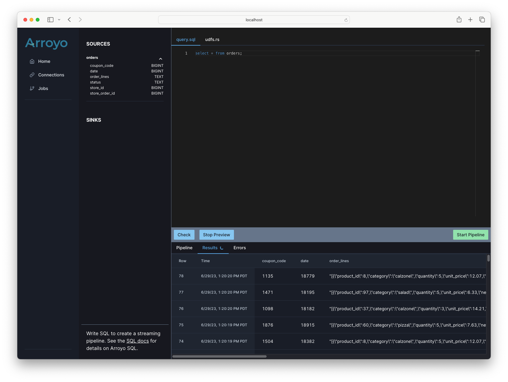 Previewing output of the query