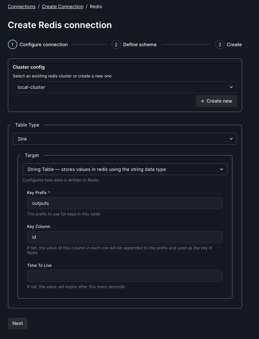 Redis sink creation in the Web UI